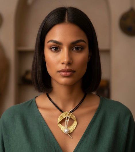 Gold-toned circular pendant-Necklace